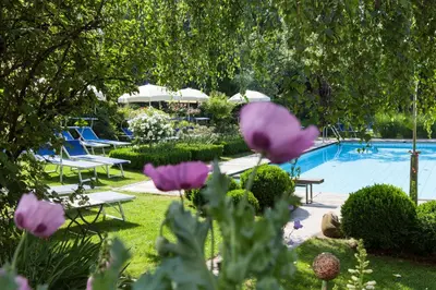 a garden with purple flowers and a swimming pool at Hotel Heubad in Fiè