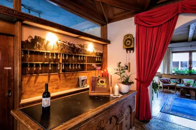 a bar with a bottle of wine on a counter at Solaia Hotel & Guesthouse in Castelrotto