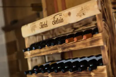a bunch of bottles of wine in wooden baskets at Solaia Hotel & Guesthouse in Castelrotto