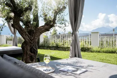 a table with a glass of wine next to a tree at Small & Beautiful Hotel Gnaid in Tirolo