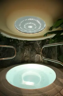 a hot tub in a bathroom with two plates on the ceiling at Hotel Bellavista in Canazei