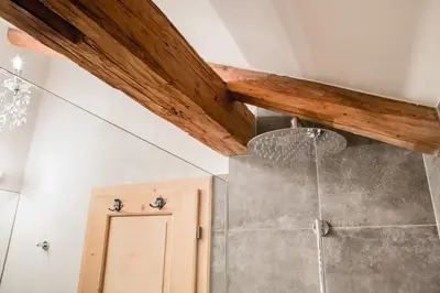 a bathroom with a wooden ceiling and a shower at Chalet Hafling Zoila in Avelengo