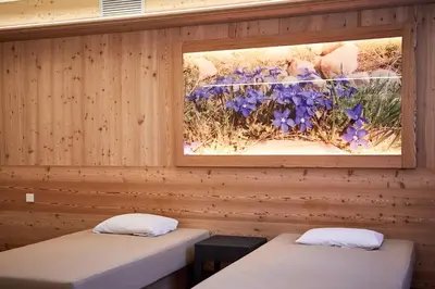 two beds in a room with purple flowers at Alpenhotel Schönwald Superior in Valles