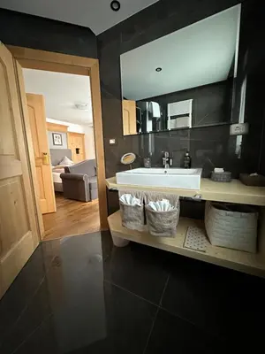 a bathroom with a sink and a large mirror at Garnì Villa Erna in Selva di Val Gardena