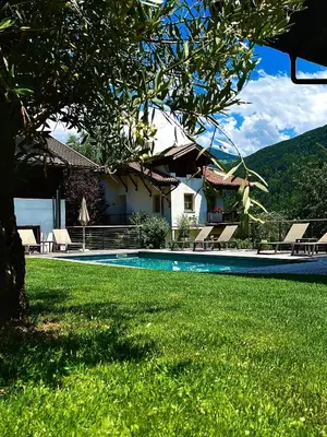 a house with a swimming pool in the grass at Pension Moarhof in Feldthurns