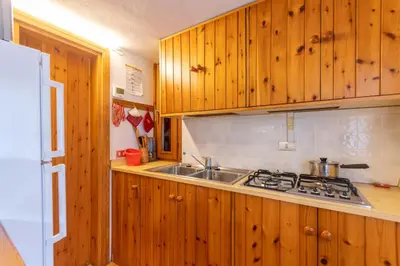 a kitchen with wooden cabinets and a sink at Villa Margherita in Moena