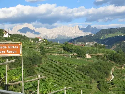 a sign on a vineyard with mountains in the background at APIPURA hotel rinner in Soprabolzano