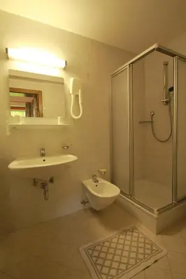 a bedroom with a bed and a backpack on the floor at Pension Merisana in Colfosco