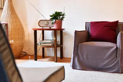 a living room with a chair and a table with a plant at Casa Piganò in Appiano sulla Strada del Vino