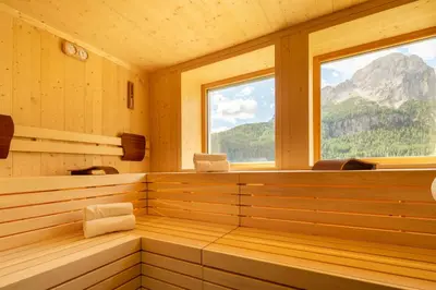 a sauna with a view of a mountain at Declara B&B and apartaments in Colfosco