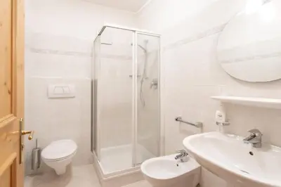 a bathroom with a shower and a toilet and a sink at Appartements Eppanerhof in Appiano sulla Strada del Vino