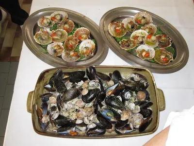 three plates of mussels and oysters on a table at Hotel Borest in Colfosco