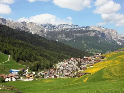 a village on a hill with mountains in the background at Ciasa Parom in San Cassiano