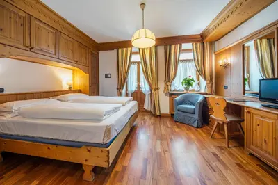 a bedroom with a bed and a desk and a television at Franceschi Park Hotel in Cortina dʼAmpezzo