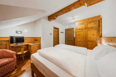 a bedroom with a bed and a desk and a television at Franceschi Park Hotel in Cortina dʼAmpezzo