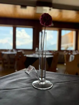 a dining room with a table with a vase of flowers on it at HG Hotel La Caminatha in Val di Zoldo