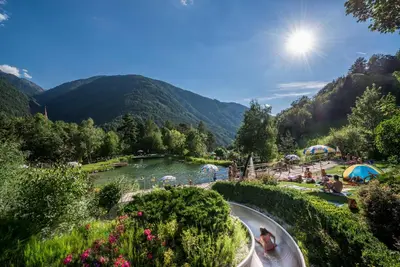 a view of a river with mountains in the background at Hotel Rosental in Luson