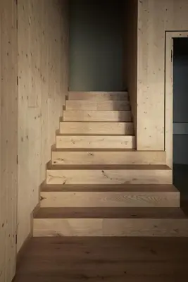a staircase in a room with wooden walls and wooden floors at Forestis Dolomites in Bressanone