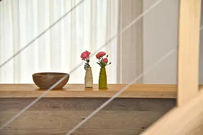 two vases with red flowers on a wooden shelf at Anger living in Laion