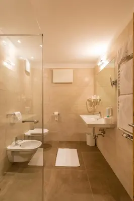 a bathroom with a sink and a toilet and a shower at Hotel Rosskopf in Vipiteno