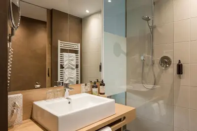 a bathroom with a sink and a shower at Naturhotel Rainer in Racines