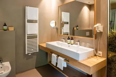 a bathroom with a sink and a mirror at Naturhotel Rainer in Racines
