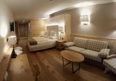 a hotel room with a bed and a couch at Hotel Cesa Tyrol in Canazei