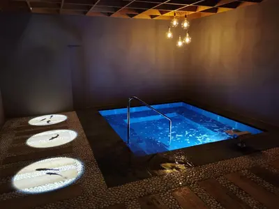 a bathroom with a swimming pool with two sinks and a tub at Hotel Cesa Tyrol in Canazei