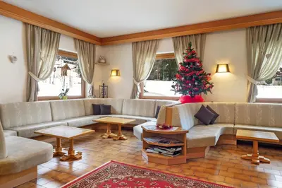 a living room with a christmas tree and a couch at Cesa Edelweiss Living & Spa in Campitello di Fassa