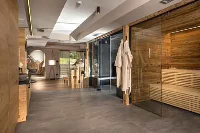 a hallway with wooden walls and a glass wall at Cesa Edelweiss Living & Spa in Campitello di Fassa