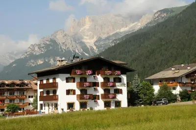 a hotel in the mountains with mountains in the background at Cesa Edelweiss Living & Spa in Campitello di Fassa