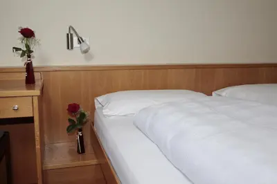 a bedroom with two beds and two vases with flowers at Hotel Alpino Plan in Selva di Val Gardena