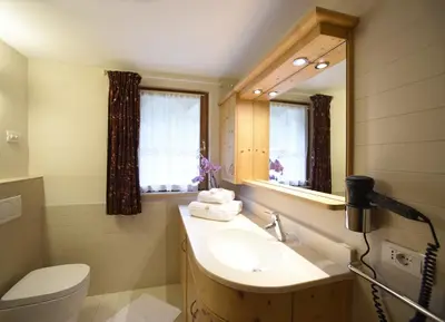a bathroom with a sink and a toilet and a mirror at Romantic Chalet Dolomiti in Val di Zoldo