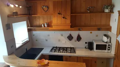 an overhead view of a kitchen with a stove and microwave at Rustico nelle Dolomiti in Val di Zoldo