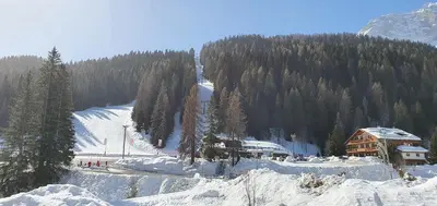 a ski lodge on a snow covered mountain with trees at Casa Piva Dolomiti in Val di Zoldo