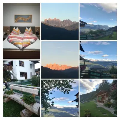 a collage of photos with mountains and a bed at Zehrehof in Bressanone