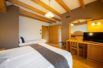 a bedroom with a bed and a desk and a television at Flos Hotel in Moena