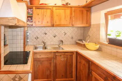 a kitchen with wooden cabinets and a sink at Tabià Elisa in Campitello di Fassa