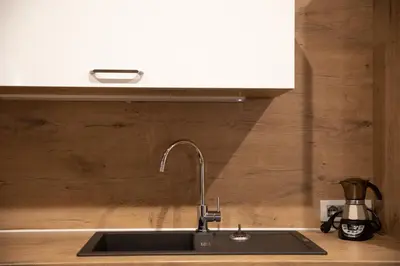 a kitchen counter with a sink and a counter top at Mountain Dolomiti Apartments-Maison Perrod in Predazzo