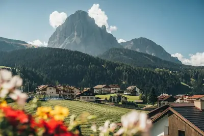 an aerial view of a resort in the snow at Hotel Pra Tlusel in Selva di Val Gardena