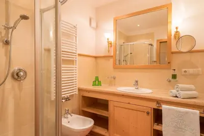 a bathroom with a sink and a shower and a toilet at Hotel Kronblick in Chienes