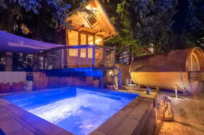 a swimming pool with a wooden boat next to a house at Chalet Elisabeth dolomites alpin & charme in Selva di Val Gardena