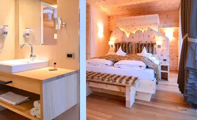 two pictures of a bedroom with a bed and a sink at Chalet Elisabeth dolomites alpin & charme in Selva di Val Gardena