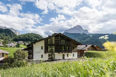 a house in a field with mountains in the background at Cadepunt The Dolomites Lodge in Selva di Val Gardena