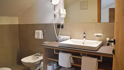 a bathroom with a sink and a toilet at Hotel Trenker in Braies