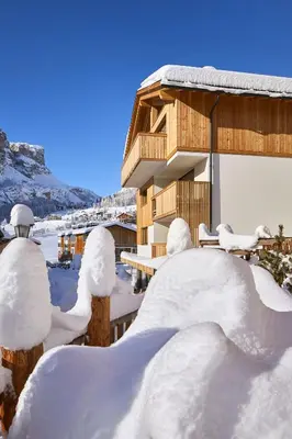 a building covered in snow with snow covered bushes at Hotel Tabladel in Colfosco