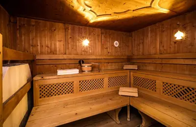 a sauna with wooden walls and benches in a cabin at Hotel Seelaus in Alpe di Siusi