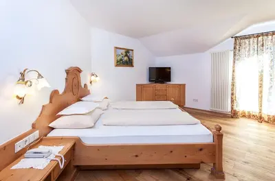 a bedroom with a large bed and a tv at Hotel Seelaus in Alpe di Siusi