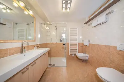 a bathroom with a sink and a shower and a toilet at Apartments & Garnì Pre Da Nai in La Villa