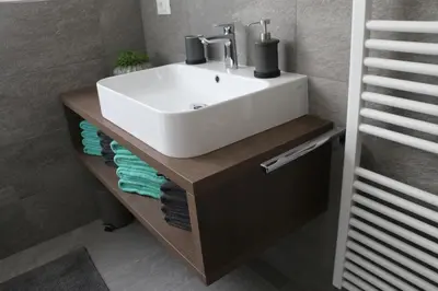 a bathroom with a white sink on a wooden counter at Appartment Larcher - Manzoni in Merano